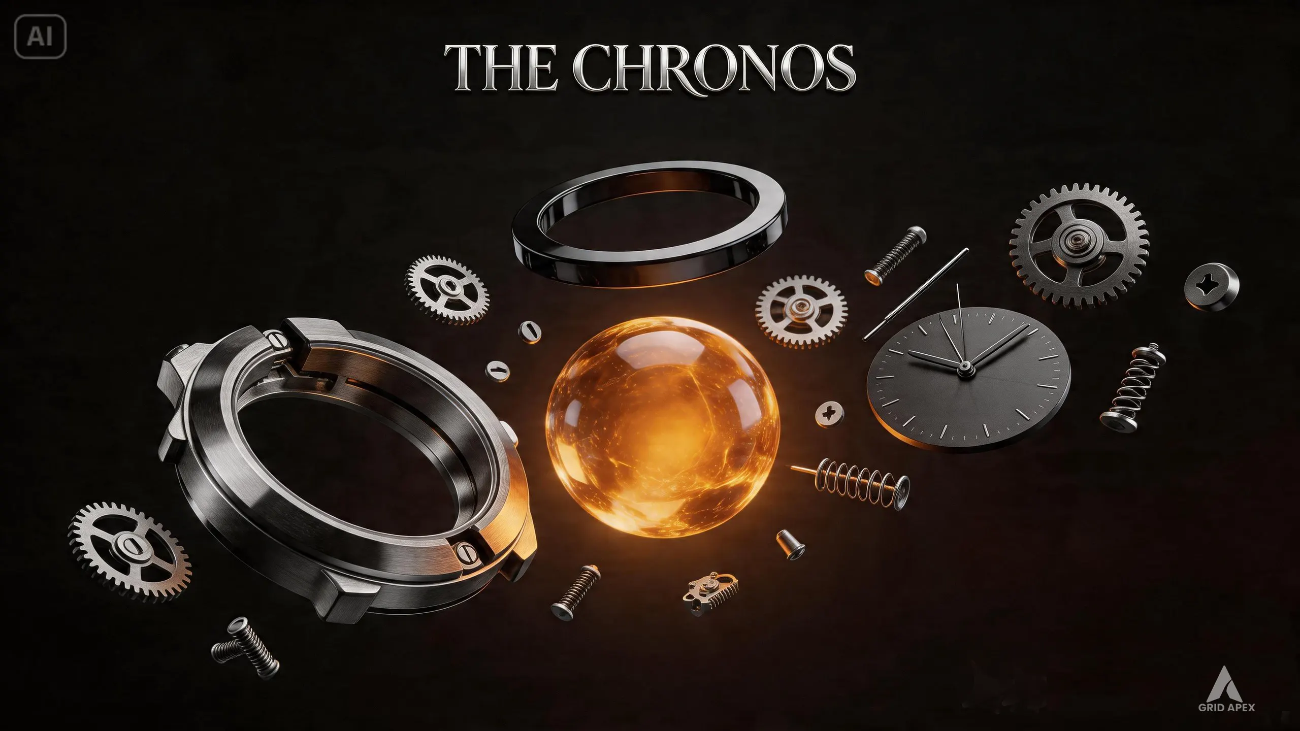 Exploded view of the Chronos luxury watch, showing its internal components of brushed black titanium and glowing amber core.