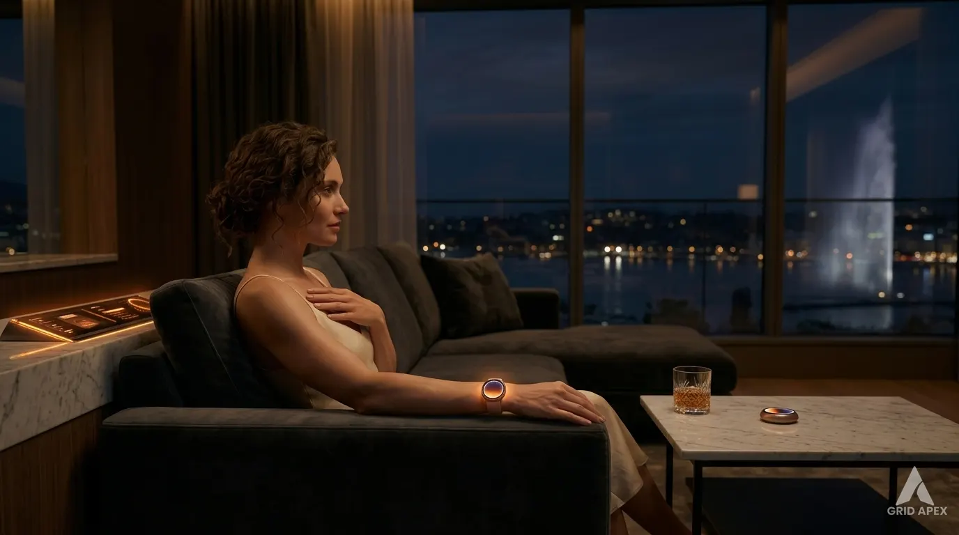 Interior of a luxury hotel suite at night, with a glass of water on a table and city lights visible through the window.
