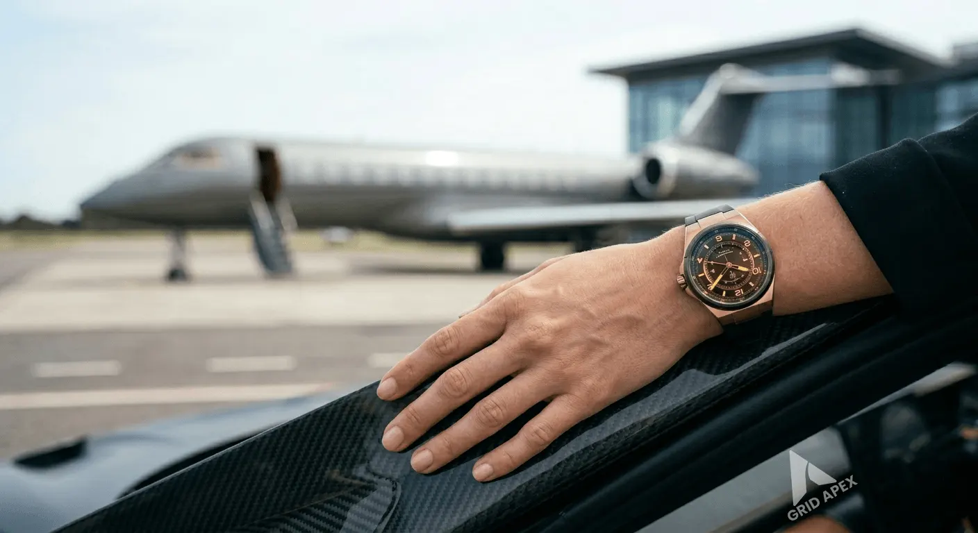 A close-up of a woman's hand wearing a gold Chronos watch on a carbon fiber car door, with the silhouette of a private jet in the background.