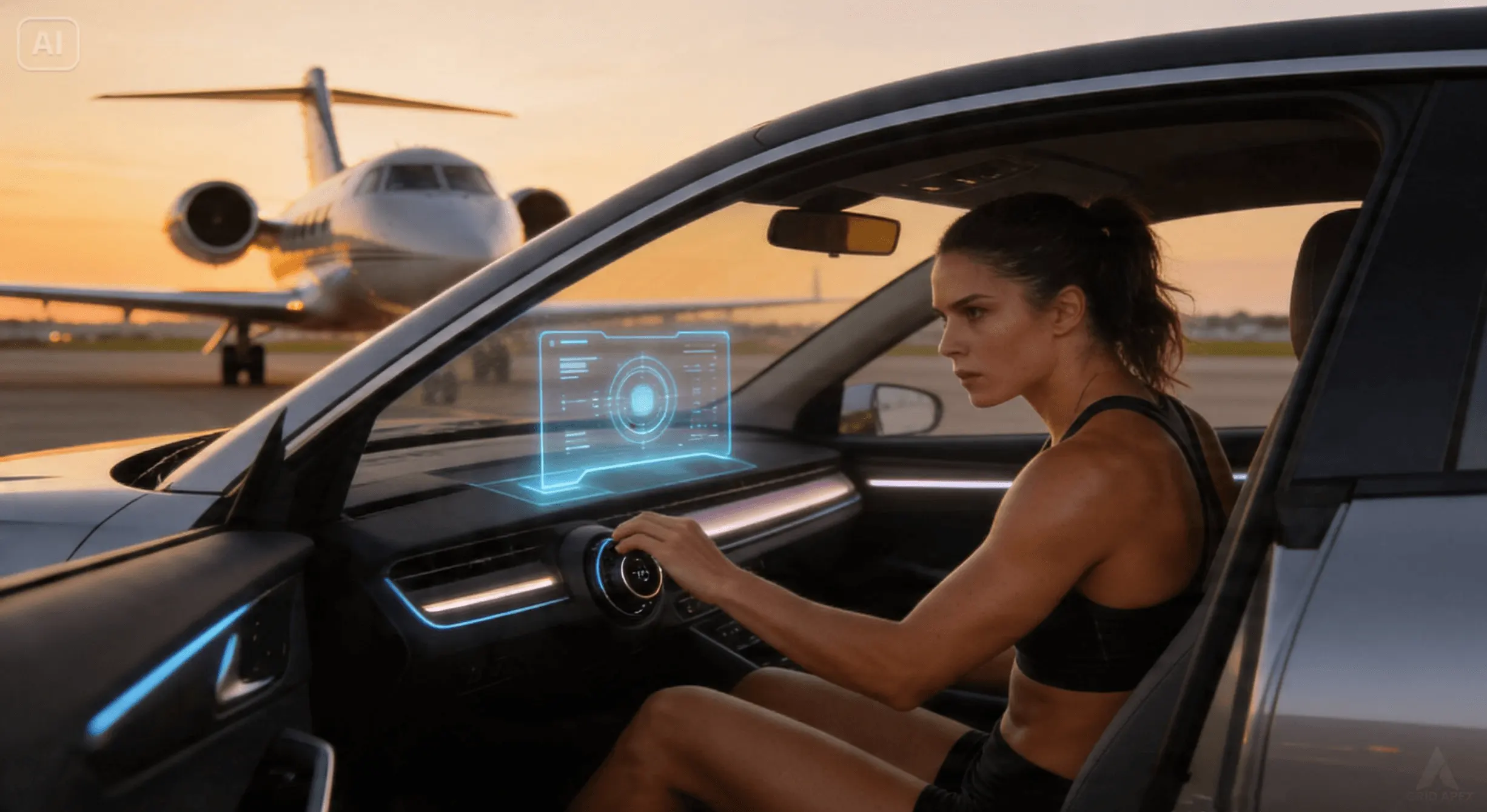 An athletic woman wearing Motion Wear from GRID APEX CORE enters an autonomous car with an efficient and calculated movement
