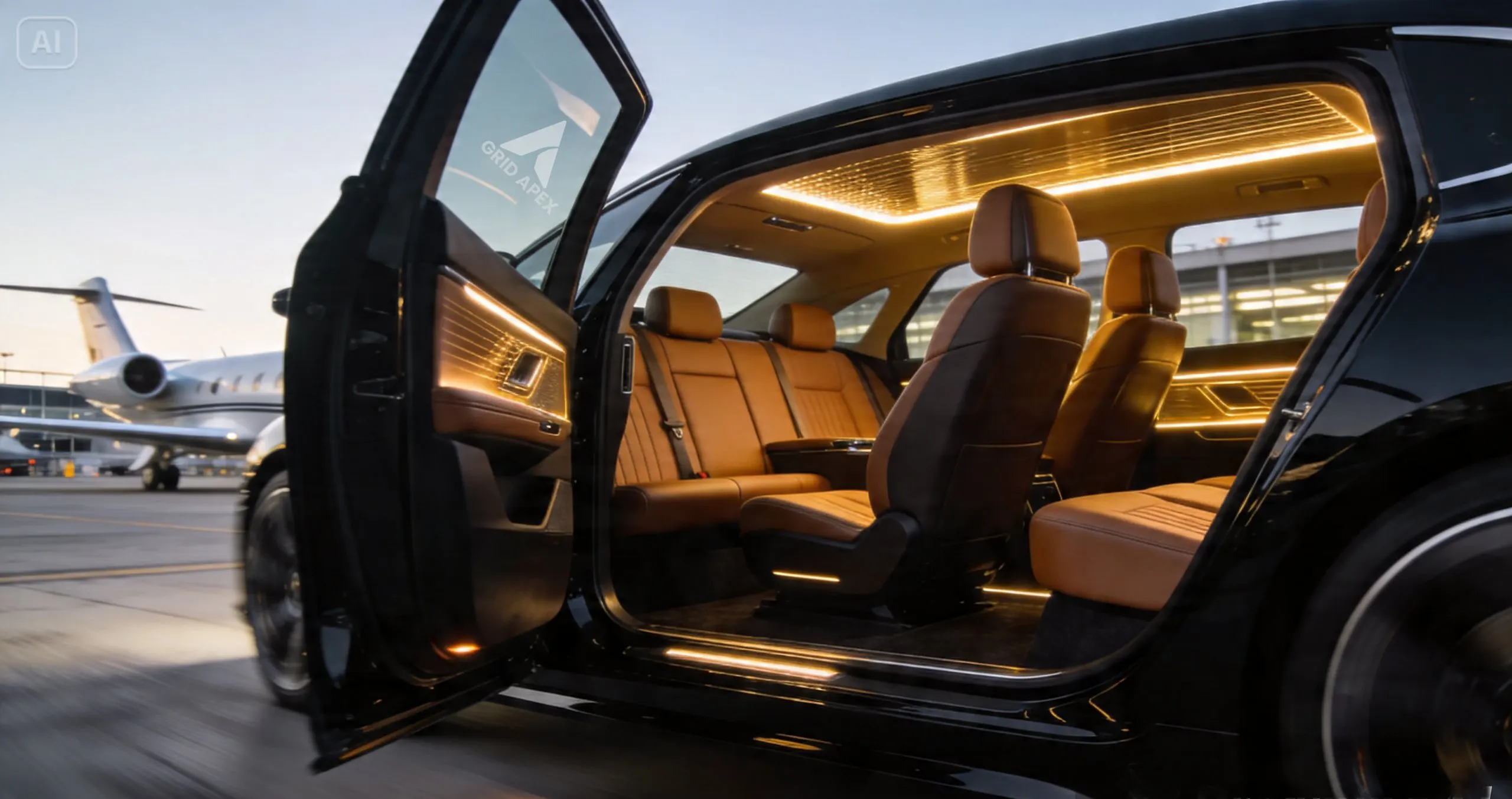 Interior view of a black luxury sedan with the door open, revealing premium brown leather seats and warm ambient lighting, parked on an airport tarmac with a private jet in the background.
