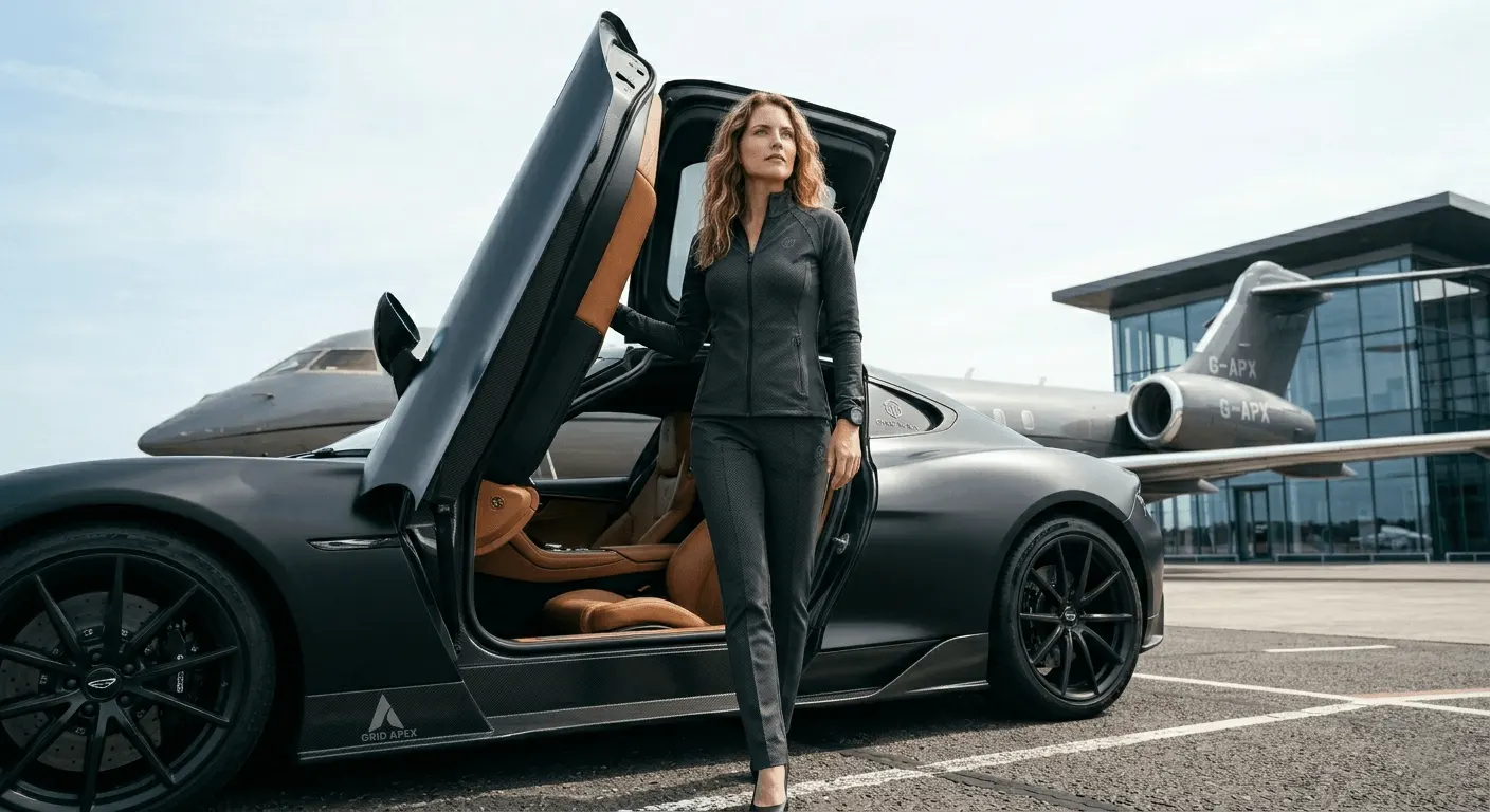 A low-angle view of a powerful woman entering an autonomous car with a private jet behind her, symbolizing sovereignty and full control.