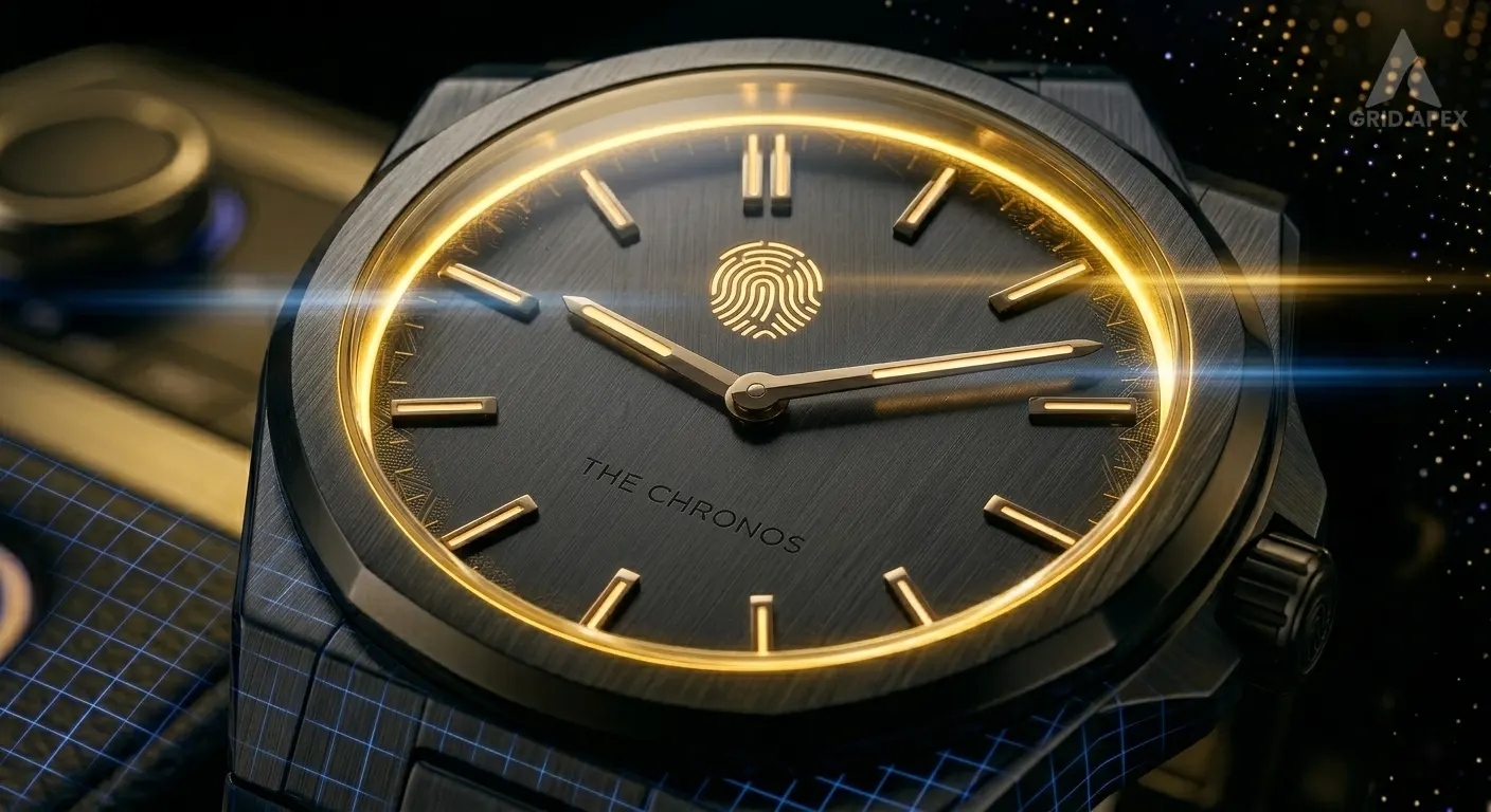 Macro photography of The Chronos, a precision instrument featuring an F5-grade titanium case and gold accents. It functions as the conductor of intent within the GRID APEX CORE ecosystem, its central fingerprint emblem symbolizing the synchronization of ambition and execution.