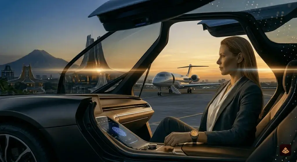 Low angle shot of a matte black autonomous luxury car door opening to reveal a tan leather interior and golden ambient light.