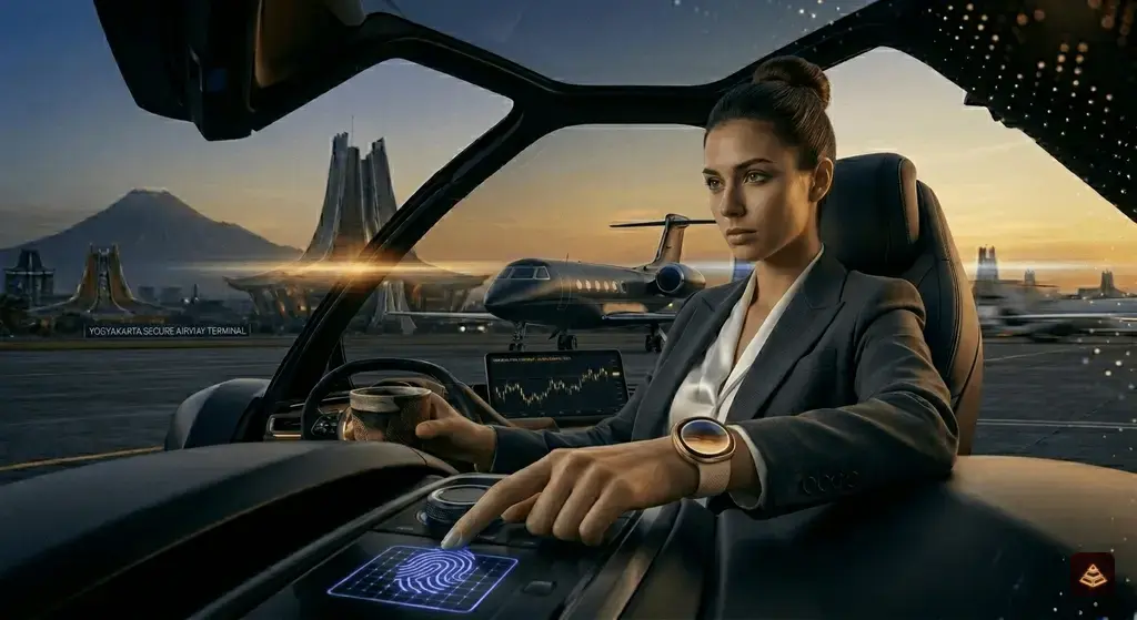 Low angle shot of a matte black autonomous luxury car door opening to reveal a tan leather interior and golden ambient light. Her left hand with wrist execute run button while right hand holds mug with coffee.