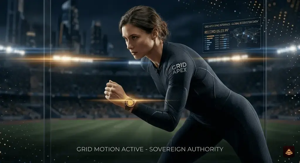 A world-class female sprinter in a black Grid Apex 'Aegis' performance suit, mid-stride at the start line of an Olympic stadium track.