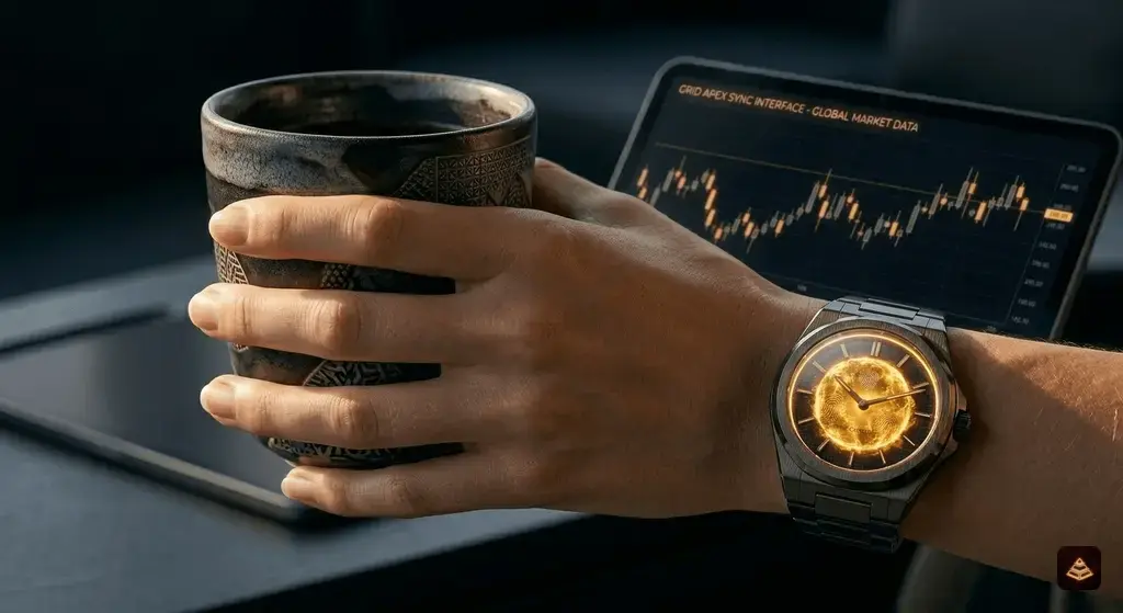 Extreme close-up of a hand wearing a Chronos watch with a glowing golden core, holding a ceramic coffee cup