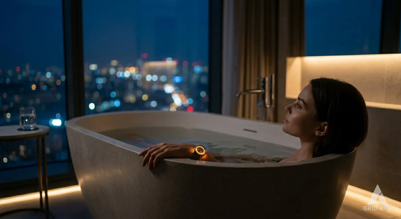 An intimate interior photograph of a woman in a freestanding luxury bathtub at night, wearing her glowing Chronos watch while gazing at a blurred city skyline through a large window.